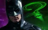 Batman 1989 standing in front of Riddler symbol from Batman Forever