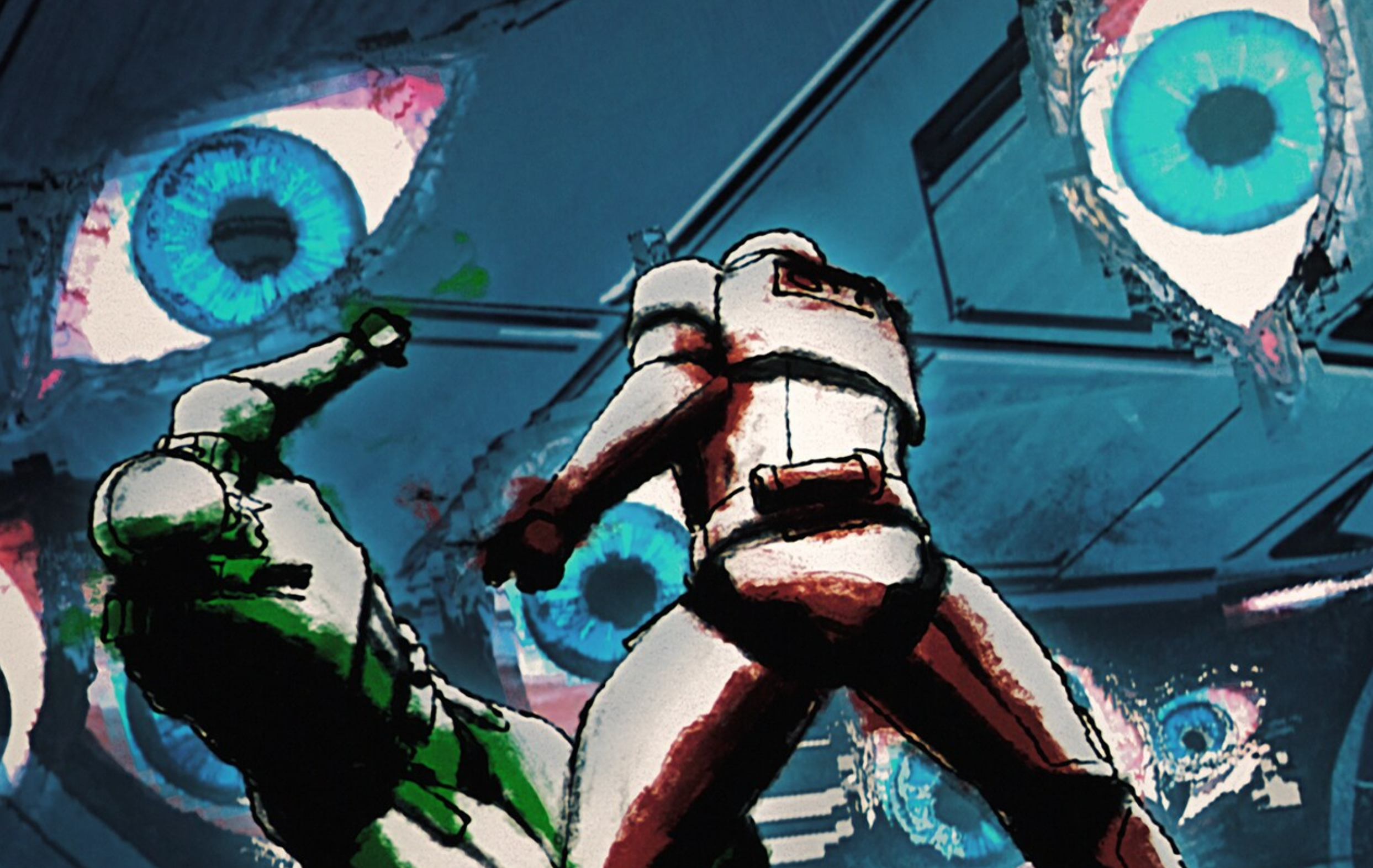 star wars visions volume 3 screenshot, featuring two stormtroopers and big trippy eyes